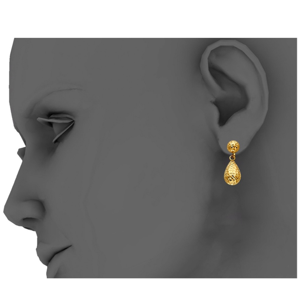 14K Yellow Diamond Cut Hollow Teardrop Earring - Picture 3 of 4